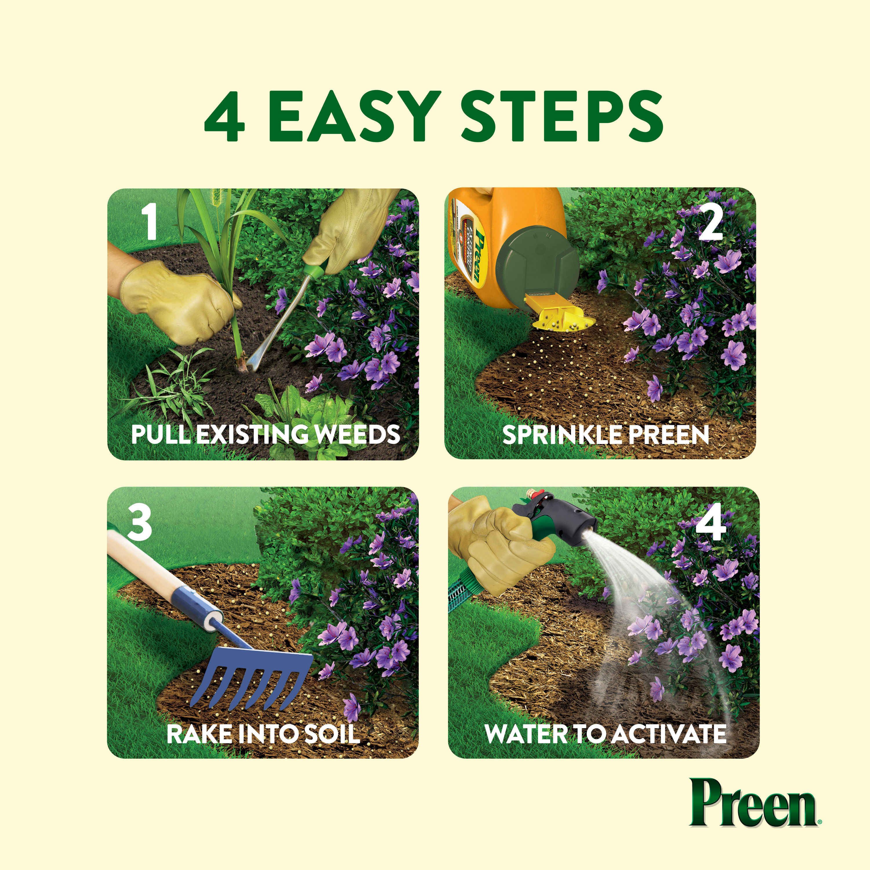 4 easy steps to prevent weeds: Pull existing weeds, sprinkle Preen, rake into soil, water to activate Preen