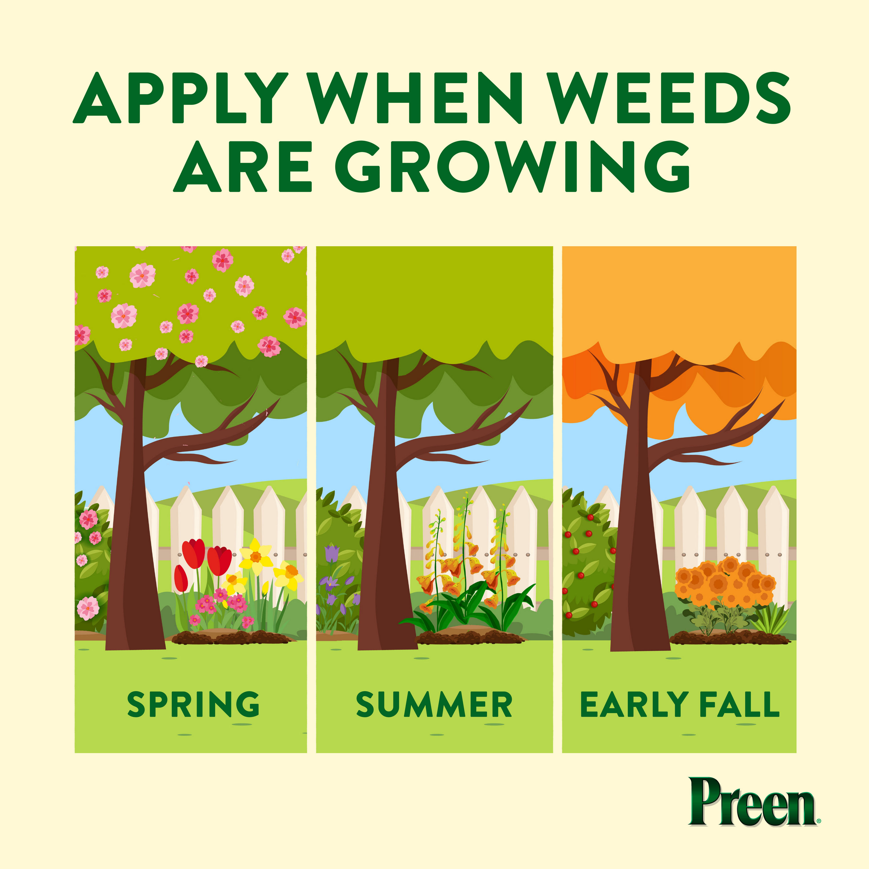 Apply Preen Extended Control Weed Preventer in spring, summer or fall when weeds are actively growing