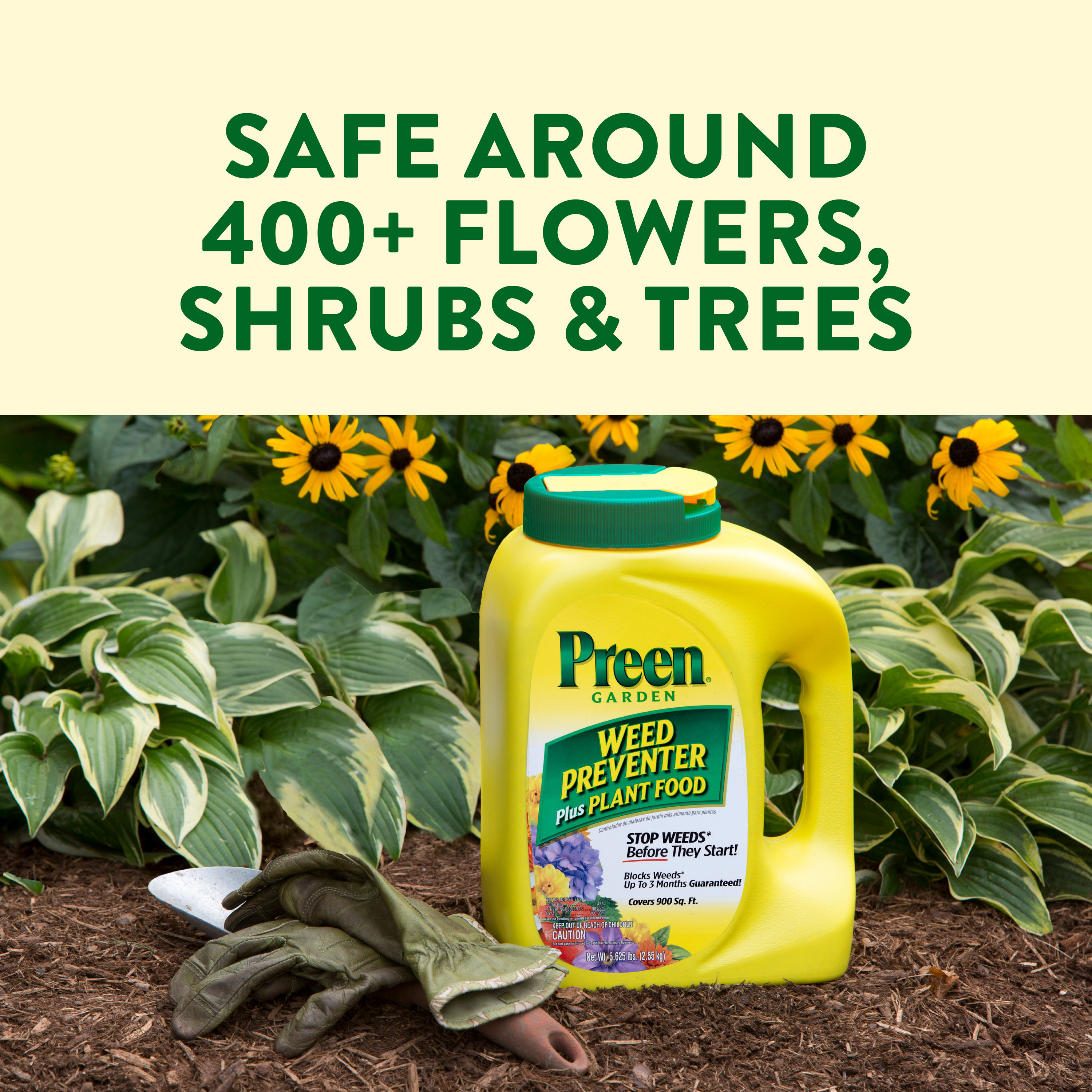 Preen Garden Weed Preventer Plus Plant Food is safe to use around 400+ flowers, shrubs, trees and vegetable plants