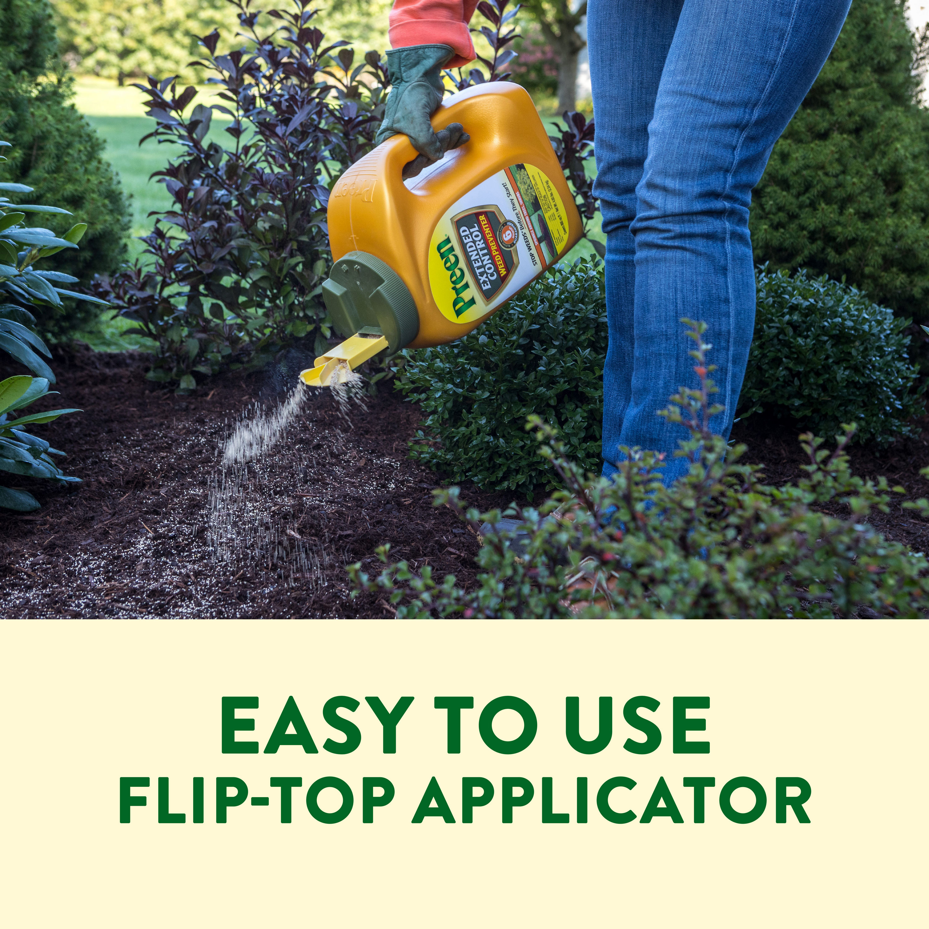 Preen Extended Control Weed Preventer bottle features an easy-to-use flip-top applicator