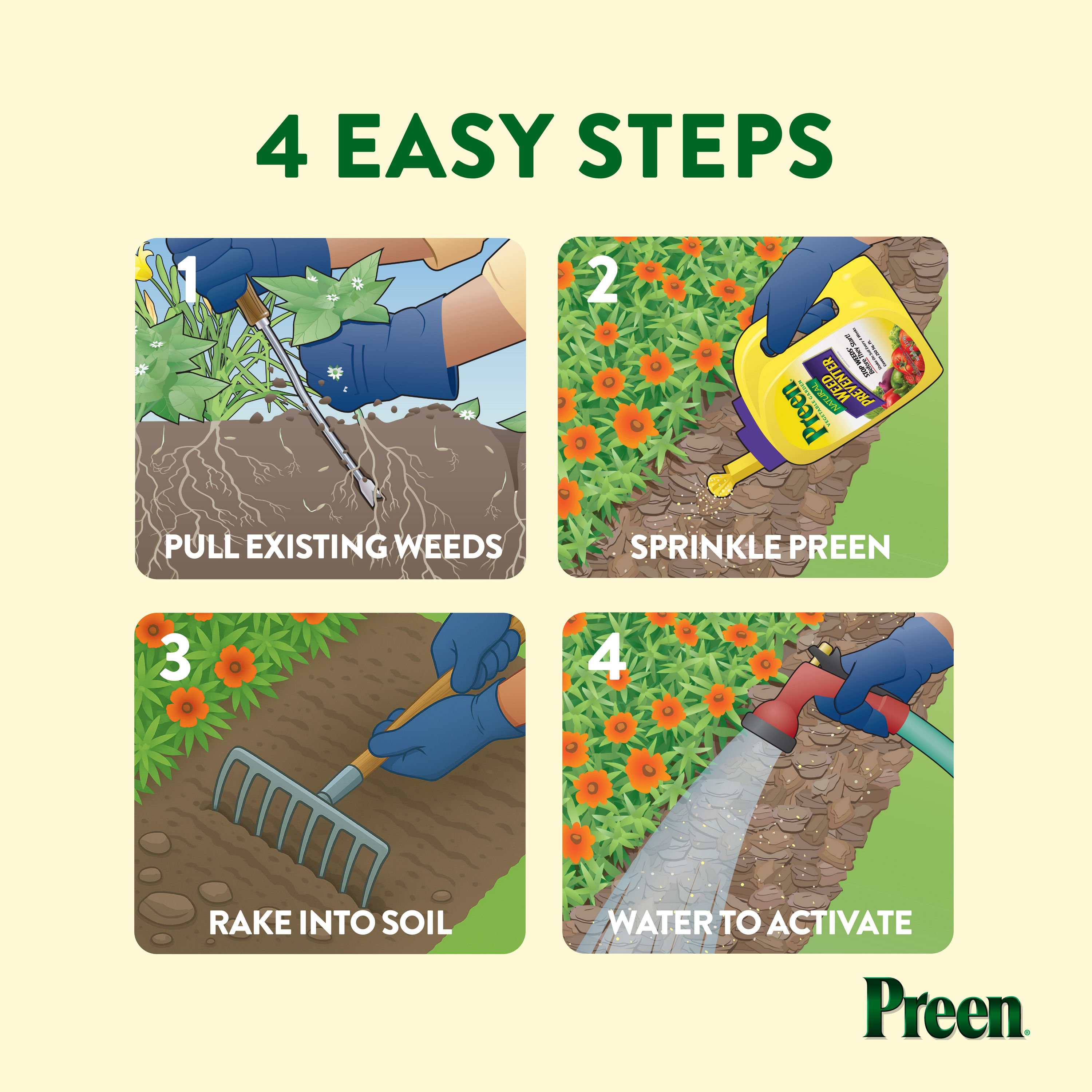 4 easy steps to prevent weeds: Pull existing weeds, sprinkle Preen, rake into soil, water to activate Preen